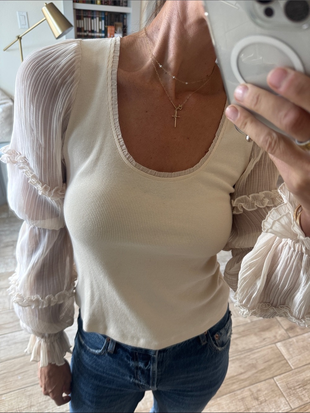 Anthropologie Cream Scoop-Neck Ribbed Top with Sheer Puff Sleeves